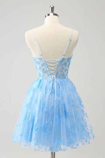 Blue A Line Spaghetti Straps Corset Glow In The Dark Homecoming Dress